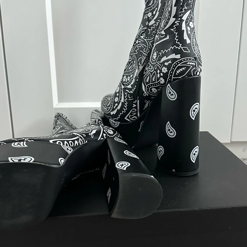 Black Paisley Platform Booties - Women's High Block Heels